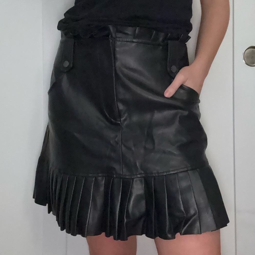 Pleated Black Faux Leather Skirt